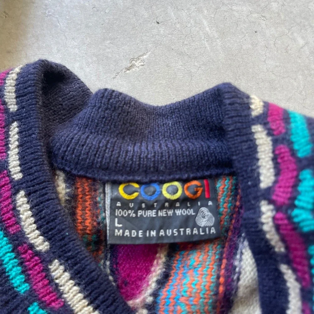 Vintage Coogi Australia 100% Wool 3D Knit Multi-Color Sweater Mens Large L